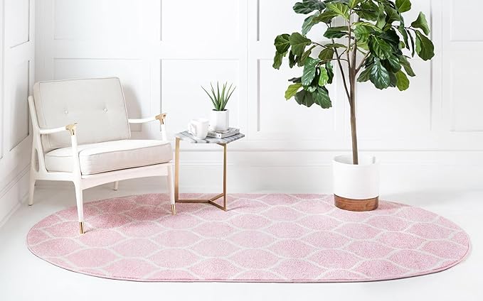 Rugs.com Lattice Frieze Collection Rug – 5' x 8' Oval Light Pink Medium Rug Perfect for Living Rooms, Large Dining Rooms, Open Floorplans