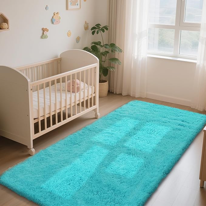 Teal Blue Rug Fluffy Rugs, 2x4 Teal Area Rugs for Bedroom, Soft Cute Baby Play Mat, Indoor Floor Carpet for Teen, Nursery, Preppy Dorm, Plush Aesthetic Bedside Rug