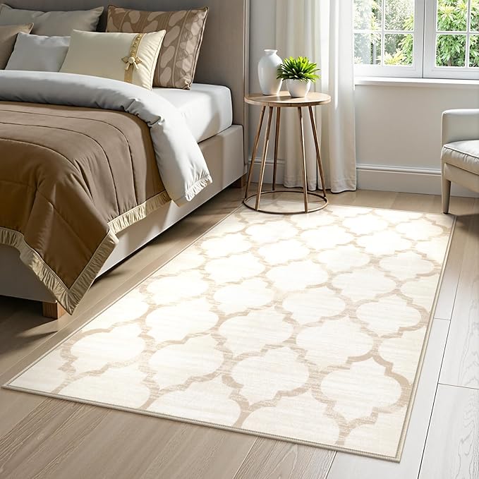 Lahome Moroccan 3x5 Washable Rug, Small Rugs for Bedroom Aesthetic Entry Way Rugs Indoor Non-Slip Low-Plie Throw Office Rug Ivory Distressed Capet for Kitchen Bathroom Laundry Kids Room