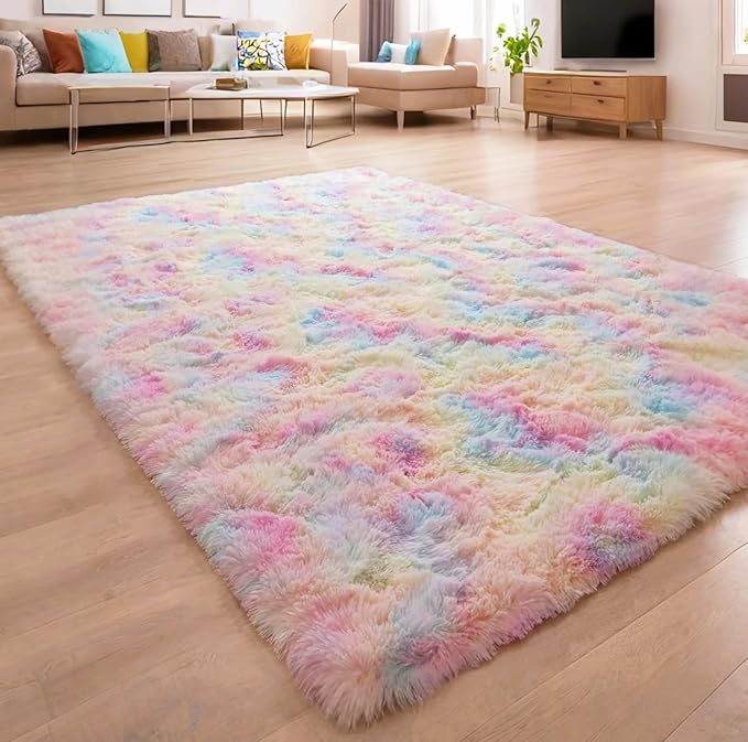 Beglad Fluffy Area Rugs 4x6 Feet, Modern Minimalist Style Shag Rugs, Non-Slip Indoor Carpet Soft Rugs for Bedroom, Living Room & Kids Room, Rainbow