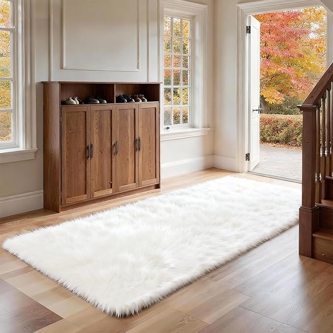 2x6 Solid Fluffy White Area Rug – Washable, Durable, Small Bedroom Runner Rug, Non-Slip Shag Rugs for Hallway, Living Room, Bedroom, Bedside, Dorms, Kids Room, Nursery Rooms, Soft Indoor Carpet