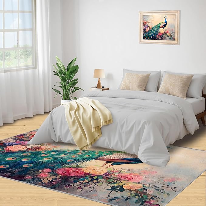 Peacock Peony Rug 6x9-6x9 Rug, Classic Peacock Peony Area Rugs for Bedroom, Teal Turquoise Rugs for Living Room, Peafowl Washable Mat, Malachite Green Feather Carpet - Peafowl Home Decor & Gifts
