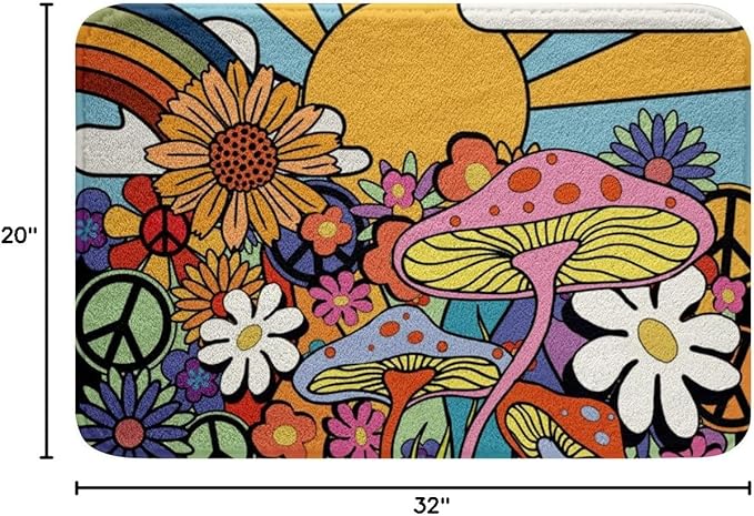 Erosebridal Kawaii Mushroom Bathroom Rugs Boho Sun Mats Hippie Groovy Floral Ultra Soft Bathtub Rugs 20x32 60s 70s Retro Vintage Theme Room Decor Chic Daisy Flower Bath Mat Geometric Striped Decor