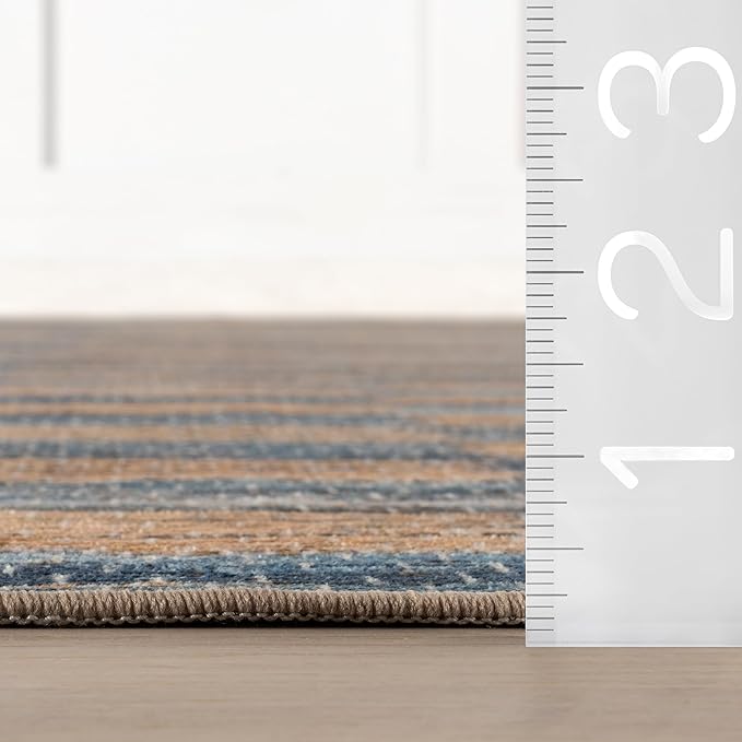Dash & Albert Ravel Stripe Blue Machine Washable Rug, 8.5 X 11.5 Feet, Tan/Blue Stripe Pattern