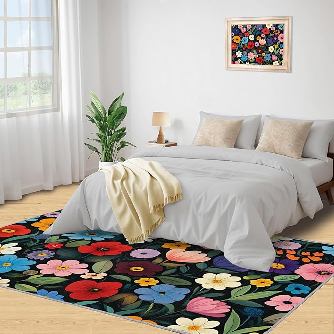 Boho Flowers Rugs for Bedroom - 6x8 Area Rug - Cartoon Flowers Rugs for Living Room, Abstract 3D Floral Rug, Non-Slip Washable Home Decor Carpet
