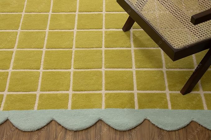 Checkered Wool Area Rug with Scalloped Border, Chartreuse Green & Cream Grid, Hand-Tufted, Soft Cut Pile, Modern Cottagecore Living Room, Bedroom & Nursery Carpet - 2.5x12 Ft (Runner)