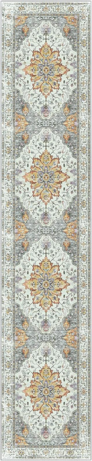 Area Rugs 2'6''x14' Washable Non-Slip, Floral Vintage Distress Print Pattern Medallion Carpet for Living Room Bedroom Dining Room, Light Yellow Carbon Grey Orange