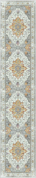 Area Rugs 2'6''x14' Washable Non-Slip, Floral Vintage Distress Print Pattern Medallion Carpet for Living Room Bedroom Dining Room, Light Yellow Carbon Grey Orange