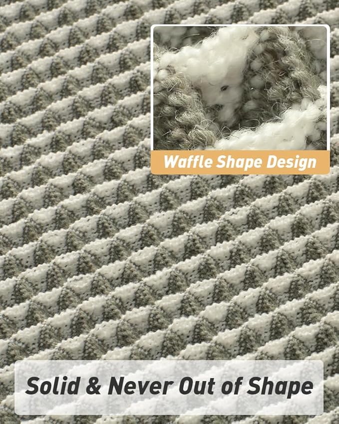 AMOAMI Upgraded Waffle Runner Rug Super Absorbent Non Slip Bath Mats for Bathroom Machine Washable Bathroom Runner Rug with Tassels, Ideal for Hallway Bedroom Laundry Room, 17" x 60‘’, Green & Cream