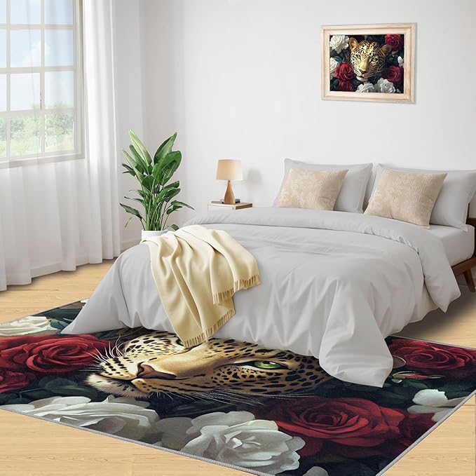 Leopard Rugs for Bedroom - 4x5 Area Rug - Flowers Leopard Rugs for Living Room, 3D Flowers Animal Rug, Washable Home Decor Carpet