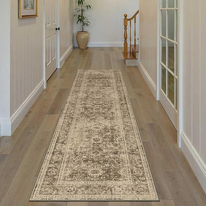 3x10 Washable Runner Rug for Kitchen Hallway Brown Vintage Non-Slip Low Pile Distressed Rustic Carpet Lightweight Vacuumable Soft Long Throw Rug for Indoor Entryway Bedroom