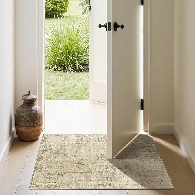 jinchan Moroccan 2x3 Rug for Entryway - Machine Washable Rug Modern Geometric Kitchen Soft Faux Wool Non-Slip Indoor Doormat Ultra-Thin Carpet for Entrance Bathroom Bedroom Living Room (2x3ft, Taupe)
