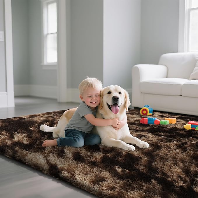 Fluffy Rug Shaggy Area Rug, Mottling Brown 4x6 Area Rugs for Bedroom, Small Bedside Rug, Soft Fluffy Shaggy Entryway Throw Rugs for Living Room Bedroom Kids Room Home Decor