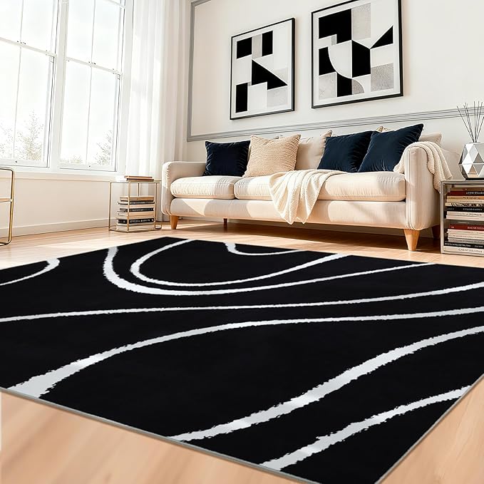 YIHOUSE Abstract Washable Rug 8x10,Ultra Thin Non Slip Black Rugs for Living Room,Modern Minimalist White Stripe Rugs for Bedroom,Dining Room Office Playroom (8'x10',Black-2)