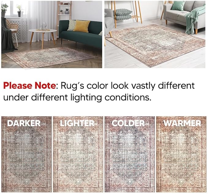 Keen Home Design 8x10 Rug - Machine Washable Area Rug with Non-Slip Backing, Ideal for Living Room, Dining Room, Bedroom - Vintage, Easy Clean, Durable, Low Pile - (8' x 10')