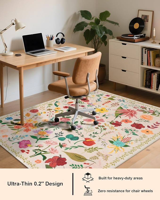 Boho Washable Area Rug 4x6 – Floral Low Pile Non-Slip Carpet for Living Room, Bedroom, Office, Playroom, Entryway, Kitchen, Dining Room (Beige)