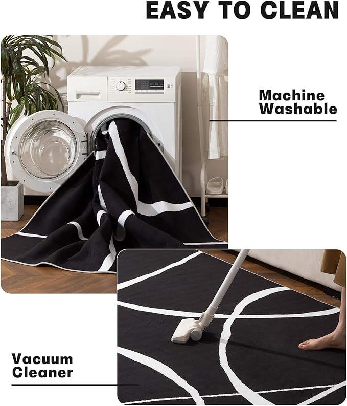 YIHOUSE Modern Washable Area Rug for Living Room Bedroom - Large Abstract Black and White Rug Non-Slip Ultra-Thin Home Decor (Dark Curve, 8'x10'ft)