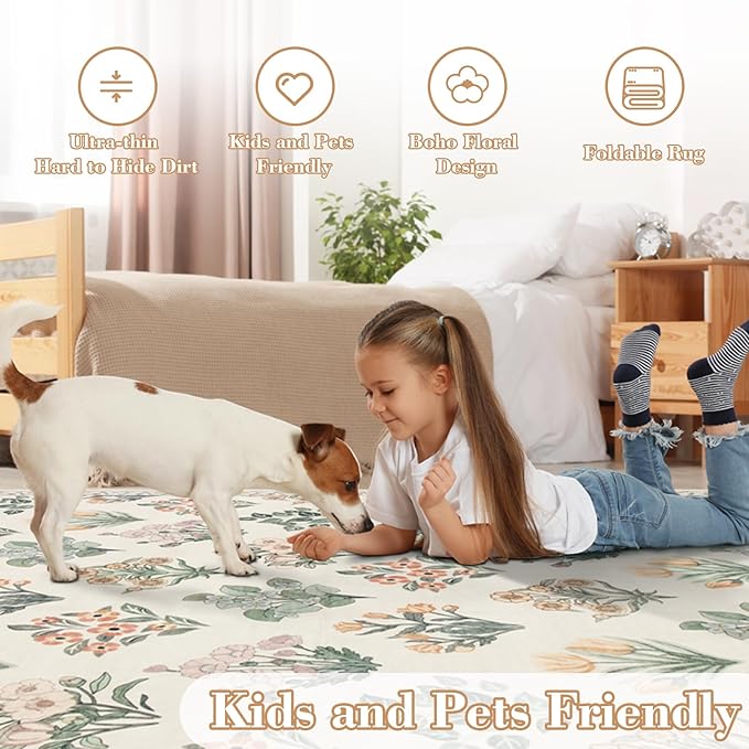 Wonnitar 5x7 Rug for Bedroom Decor, Washable Nursery Rug for Baby, Neutral Ultra-Thin Non Slip Floral Print Carpet for Kids Room Farmhouse Living Room Office, Cream Beige