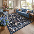8x10 Washable Floral Distressed Rug, Vintage Farmhouse Area Rug for Living Room, Non-Slip Low Pile Soft Carpet for Nursery Bedroom Dining Room Home Office, Dark Grey Blue