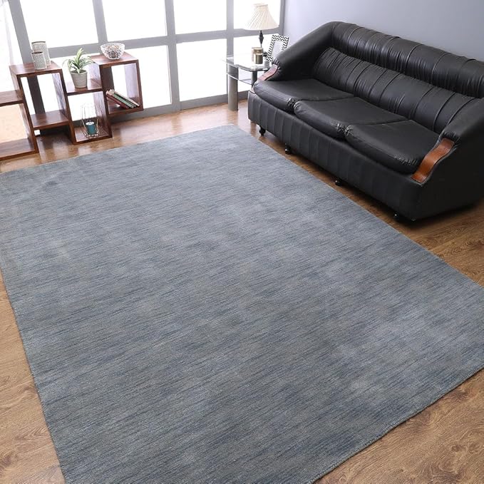 Hand Knotted Loom Wool ECO-Friendly Area Rugs - 6'x9', Rectangle, Light Blue Color, Solid Plain Design, High Pile Handmade Anti Skid Area Rugs for Living Room, Bed Room (L00111)