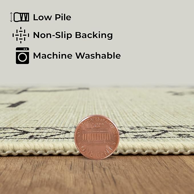 GLN Rugs Contemporary Collection - Machine Washable Area Rug, Contemporary Washable, Non Slip, Low Pile Chenille Rug, Living Room, Bedroom, Kitchen Rug (9' x 12' Cream/Anthracite)