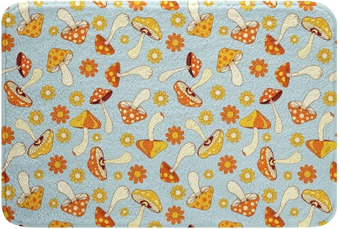 Erosebridal Hippie Mushroom Bath Mat Kids Cute Groovy Floral Non Slip Bath Rugs Boho Retro 70s Theme Decor Super Cozy Bathroom Rug 16x24 Bohemian Kawaii Bathroom Accessories Girls Flower Bedroom Rug