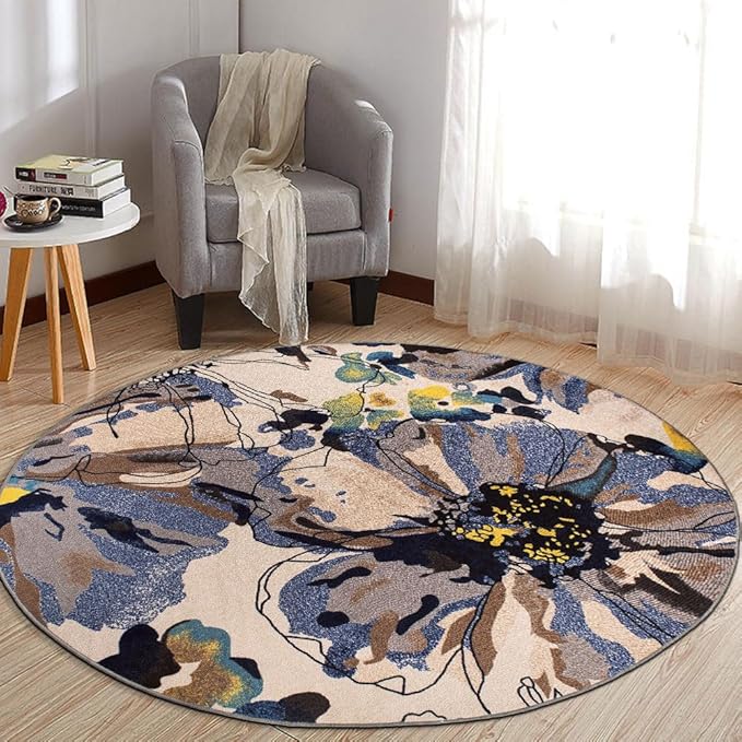 Rugshop Cream Bright Flowers Non Slip Non-Shedding Round Area Rug for Living Room, Dining Room and Bedroom, 8'