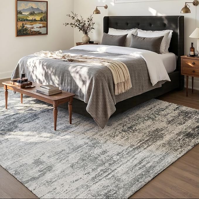 Area Rug 8x10 Washable Rug Grey for Living Room, Dining Room, Bedroom, Large Carpets, Non Slip & Non-Shedding Low Pile Vintage Print Rug for Home Office Decor