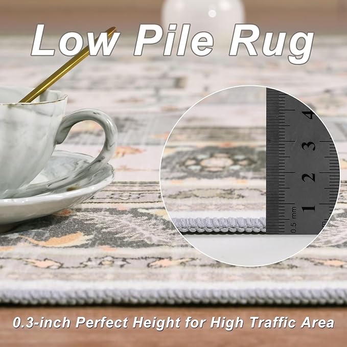 3x5 Grey Beige Area Rug for Living Room, Machine Washable Rugs with Non-Slip Backing for Bedroom, Vintage Medallion Carpet Kitchen Laundry Kids Room Decor