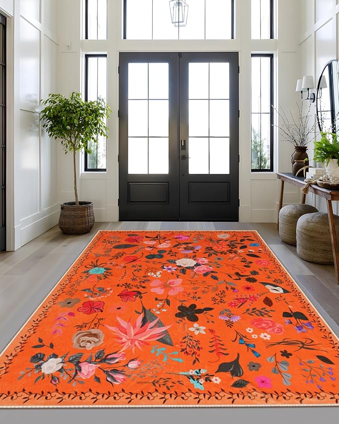 Boho Washable Area Rug 6x9 for Living Room, Bedroom, Office, Playroom, Kitchen or Dining Room, Soft Floral Carpet for Indoor Use, Easy Care Non-Slip Design (Orange)