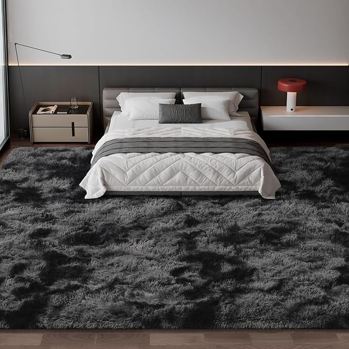 Large Shag Area Rugs 10 x 14, Tie-Dyed Plush Fuzzy Rugs for Living Room, Ultra Soft Fluffy Furry Rug for Bedroom, Anti-Skid Indoor Carpet Nursery Rugs for Kids Room Home Decor, Dark Grey