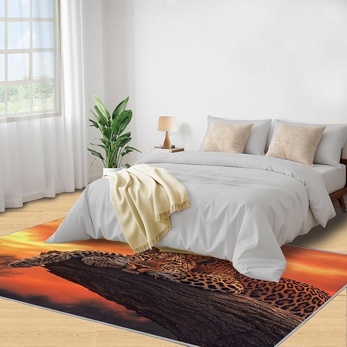 3x6 Sunrise Leopard Bedroom Rug Under Bed - Sunset African Savanna Kids Room Rugs, Wild Animal Bedroom Runner Rug Soft Washable for Living Room Kitchen