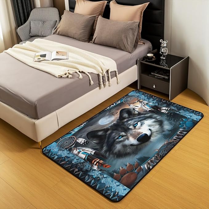 Western Wolf Large Area Rug 5x7 Bohemian Dream Catchers Living Room Rug | Woodland Animals Rugs for Bedroom, Dreamcatcher Wildlife Carpet Indoor Floor Mat