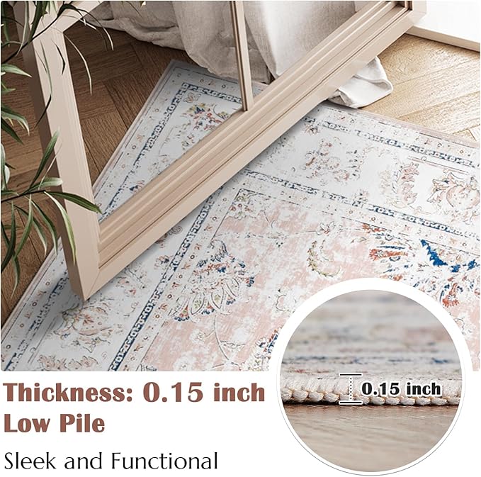 jinchan Fiora 8x10 Area Rugs for Living Room - Machine Washable Vintage Floral Distressed Design Stain Resistant Boho Carpet Low Pile Non-Slip Rug for Bedroom Dining Room Home Office (8‘x10', Pink)