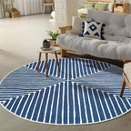 GLN Rugs Contemporary Collection - Machine Washable Area Rug, Contemporary Washable, Non Slip, Low Pile Chenille Rug, Living Room, Bedroom, Kitchen Rug (5'3" Round Lines Blue)