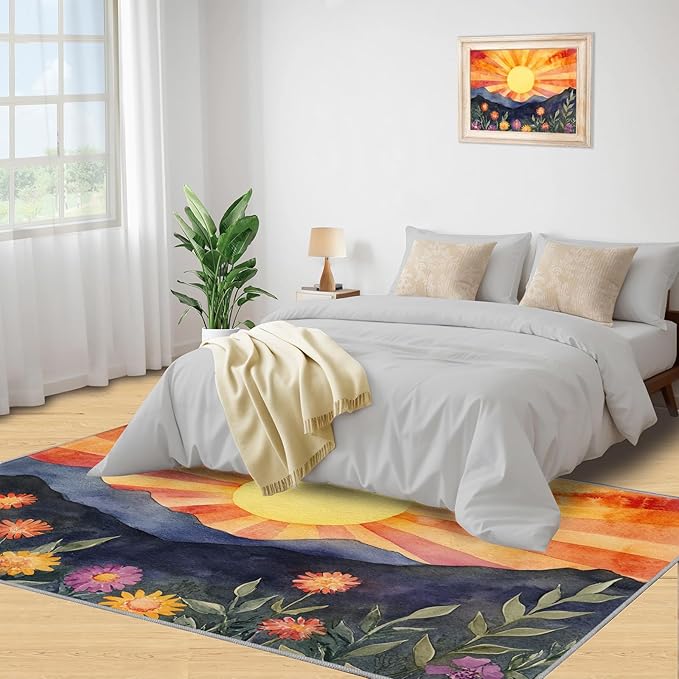 Boho Sun Area Rugs 6x8ft, Radiant Sunburst Living Room Area Rug, Geometric Solar Play Rug with Carpet Tape Double Sided for Bedroom Office Home Decor