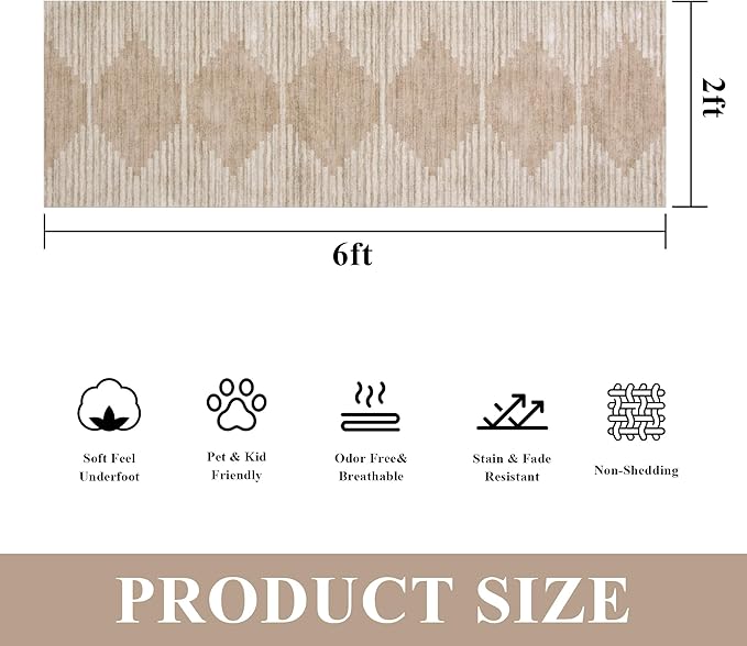 HelloTree Hallway Runner Rug，2x6 Moroccan Modern Stripe Carpet Washable Machine Bathroom Runner Bohemian Modern Soft Non Slip Indoor Rug for Entryway Hallway Laundry Room Bedroom-Pink&Khaki