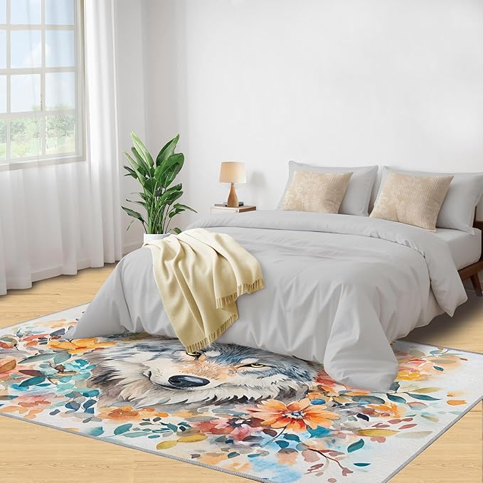4x6 Wolf Cafe Rug - Watercolor Florals Rugs for Bedroom Aesthetic, Animals Soft Comfortable Non-Slip for Offie Bedroom Study Boy Girl Room Hotel Dorm