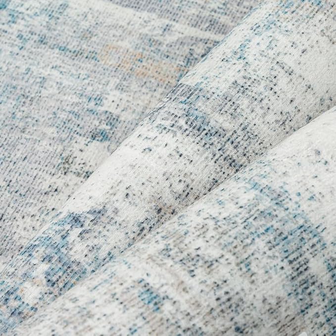 2x12 Washable Runner Rug Blue Cream Abstract Hallway Kitchen Throw Rug Neutral Modern Non Slip Soft Low Pile Lightweight Carpet for Bathroom Laundry Bedroom Living Room