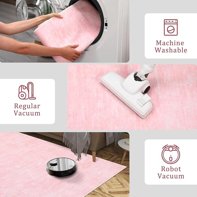 Living Room Area Rug 9x12 Machine Washable Rug Non-Slip Stain Resistant Modern Abstract Bedroom Rug Contemporary Throw Floor Carpet for Dining Room Solid Area Rug for Home Office, Pink