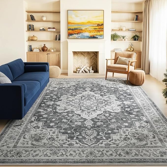 Marsail 8x10 Machine Washable Area Rug,Soft & Slip-Resistant, Vintage Floral Short-Pile with Reinforced Bound Edges, Large Rug for Living Room, Dining Room, Bedroom,Light Grey