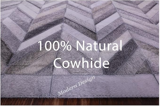 Modern Design Premium Cowhide Leather Carpet with Chevron Pattern, Area Rug (Natural Multi Grey, 5x8)