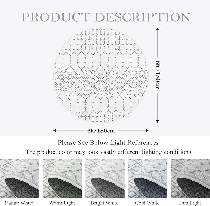 Lahome Moroccan Circle Rug - 6Ft Washable Large Round Area Rugs for Living Room Non-Slip Low-Pile Dining Room Rugs for Under Table, Modern Geometric Print White Circular Rug for Office Bedroom Nursery