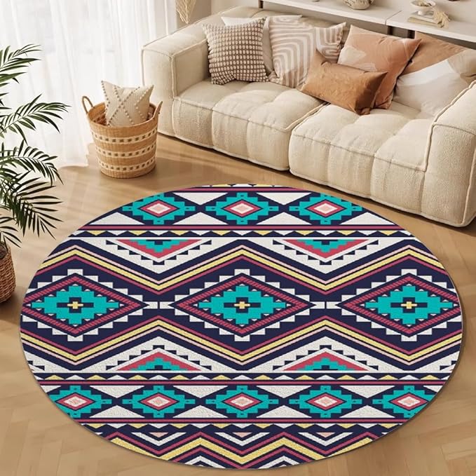 Native Tribal Geometry Round Rug Vintage Blue White Living Room Bedroom Area Rug Non Slip Soft Low Pile Washable Indoor Floor Carpet for Dining Room Kitchen Office Entryway 8ft