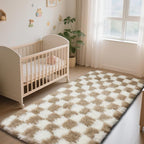 Checkered Rug for Bedroom, 2x6 Beige and White Area Rugs, Classic Checkered Carpets Shaggy Area Rug, Bedside Rugs for Living Room Bedroom Kids Room Home Decor