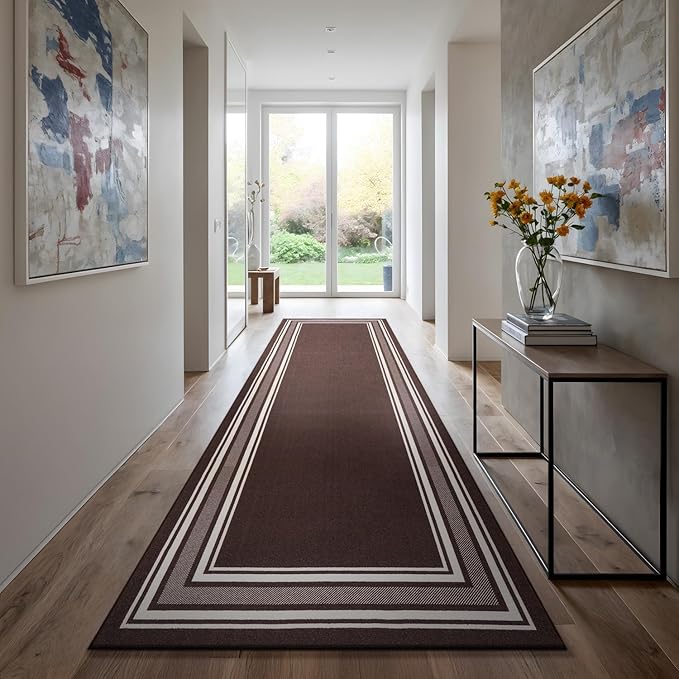 Beverly Rug Non Slip Area Rugs 2x5 Modern Bordered Non Skid Rubber Backing Soft Runner Rug for Living Dining Room Easy to Clean Non Shedding Kitchen Bedroom Indoor Carpet 2 x 5 Brown