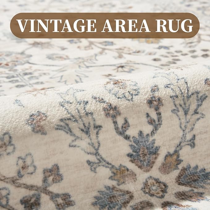 MontVoo-Vintage Area Rug 5X7 Beige Rugs for Living Room-Soft Distressed Printed Rugs for Bedroom-Non Slip Carpet-Machine Washable Rug for Dining Room Living Room Bedside Office