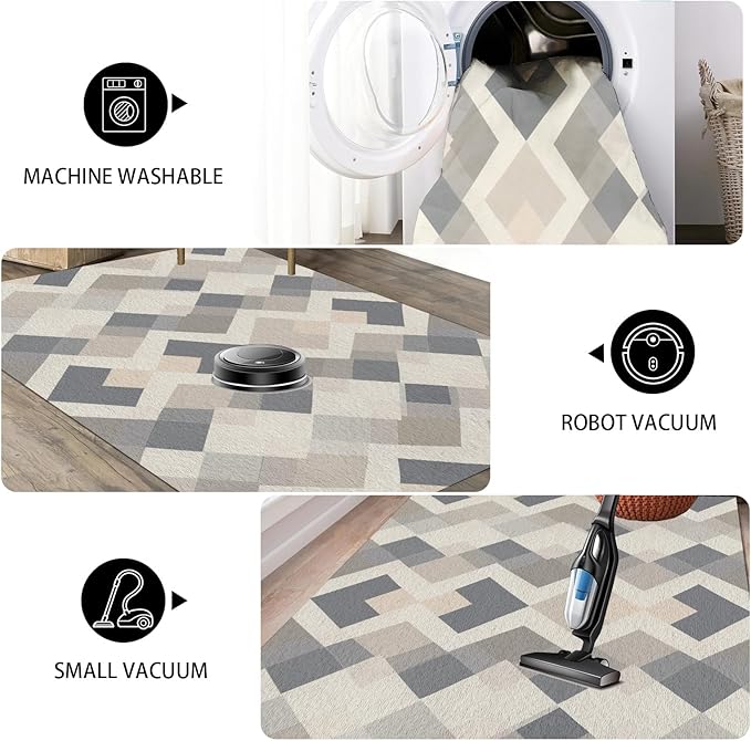 Modern Area Rug Living Room Rugs 3x5, Minimalist Soft Boho Geometric Rug, Non-Slip Washable Low Pile Non Shedding Carpet for Bedroom Office Dining Room Kitchen Nursery, Gray Beige White