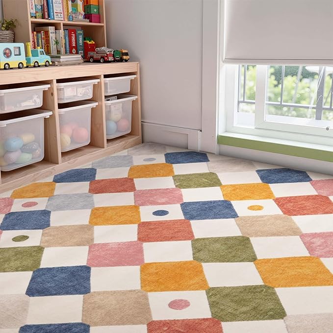 jinchan Macy Area Rug 8x10 Kids Washable Rug Indoor Floor Cover Non Slip Modern Soft Rug Playroom Diamond Carpet for Elementary School Classroom Nursery Daycare Living Room Bedroom Circus on Cream