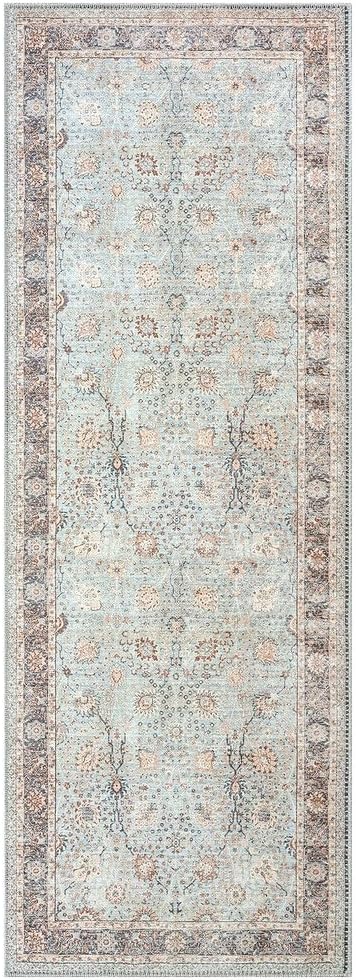 GLN Rugs Traditional Collection - Machine Washable Area Rug, Traditional Washable, Non Slip, Low Pile Chenille Rug, Living Room, Bedroom, Kitchen Rug (2'6" x 7' Light Blue)